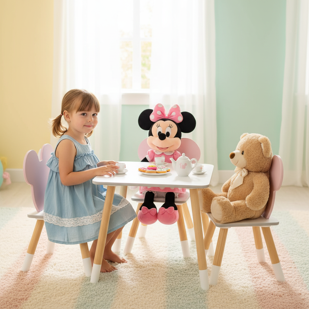 Bambina organizza tea party al tavolo Minnie