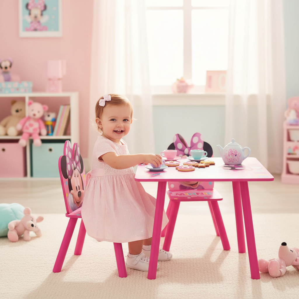 Bambina organizza tea party al tavolo Minnie