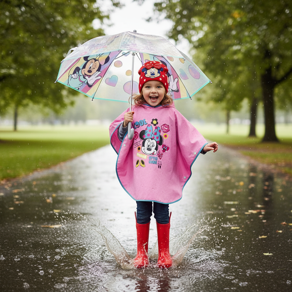 Bambina salta nella pozzanghera con Set Minnie