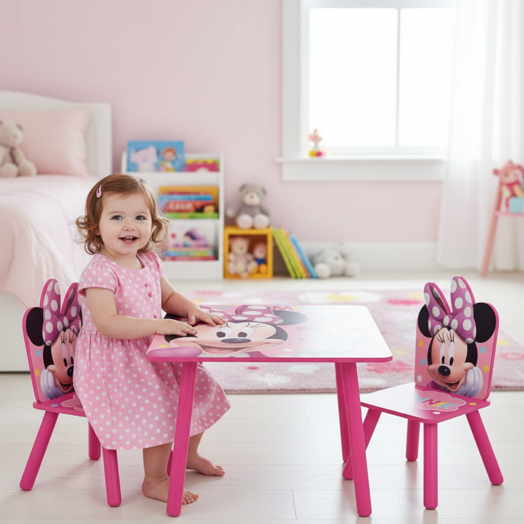 Bambina seduta mostra grande volto Minnie sul tavolo