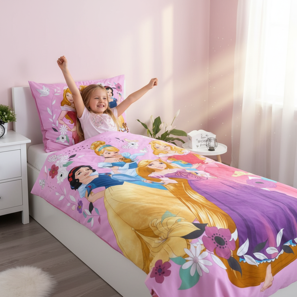 Bambina si sveglia felice con set Disney Principesse