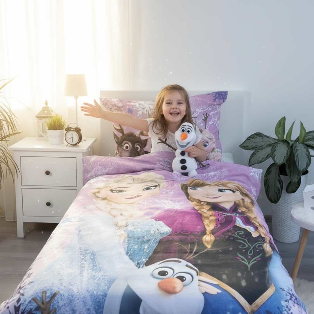 Bambina si sveglia felice con set Frozen