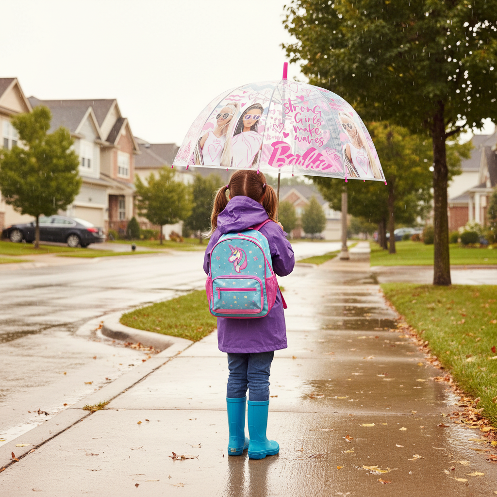 Bambina va a scuola con ombrello Barbie