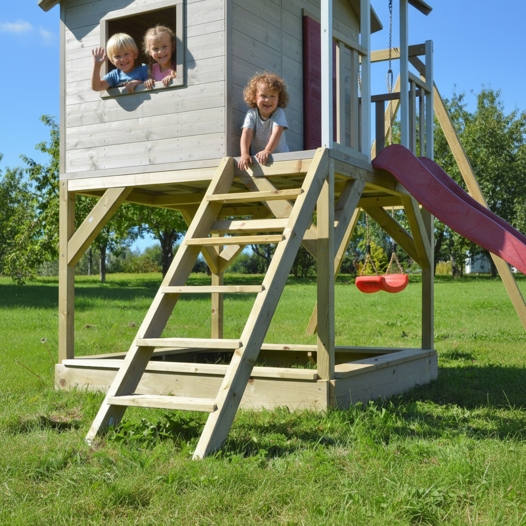Bambini alle finestre della casetta rialzata