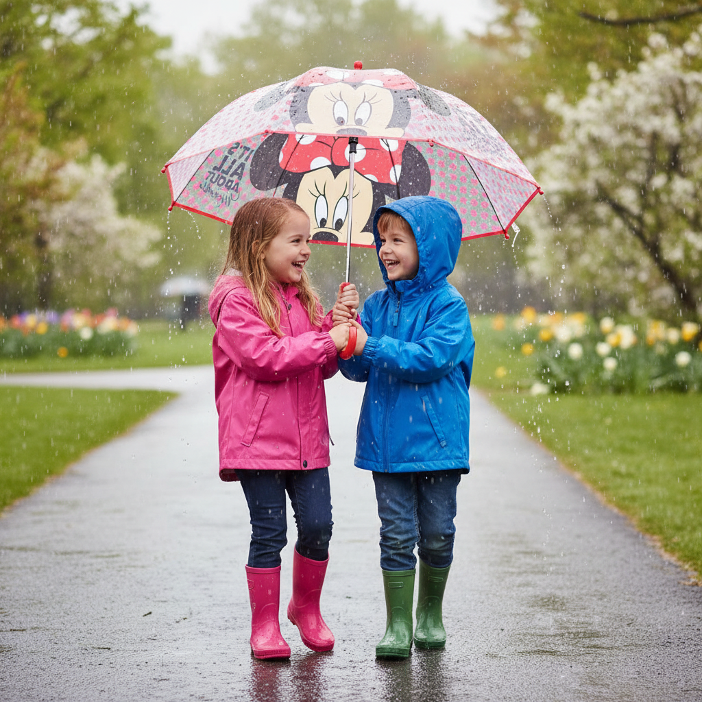 Bambini con ombrello Minnie pois
