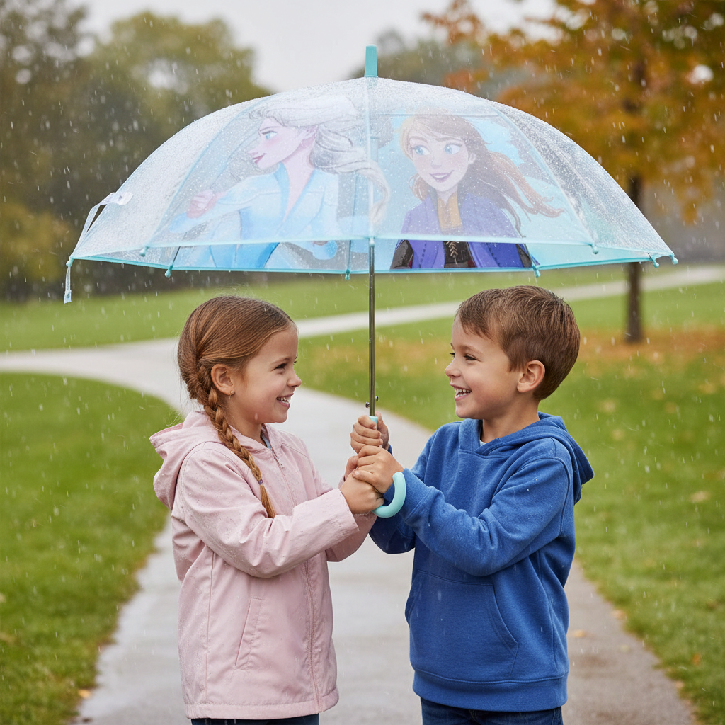 Bambini condividono ombrello Frozen