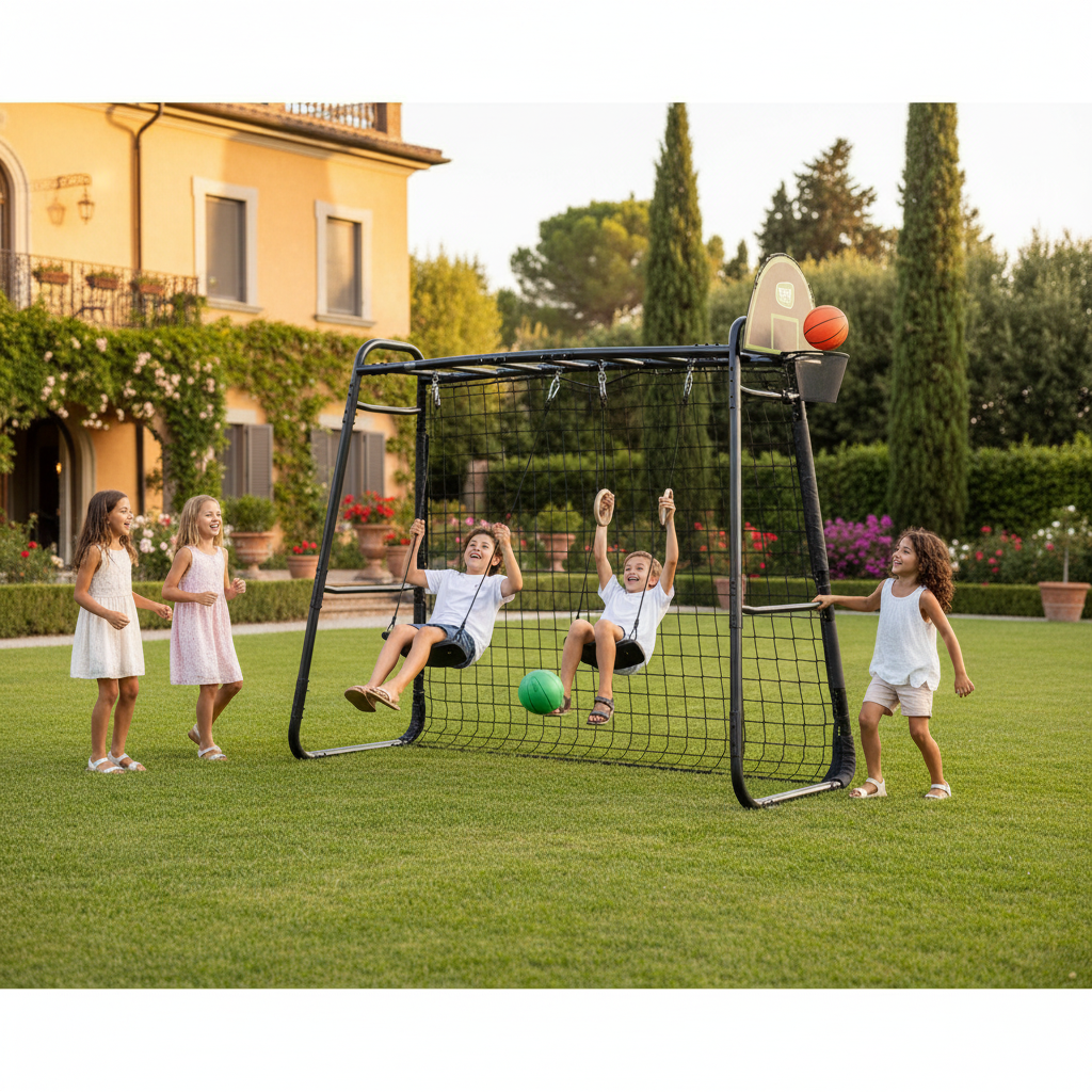 Bambini sull'altalena a nido in giardino italiano