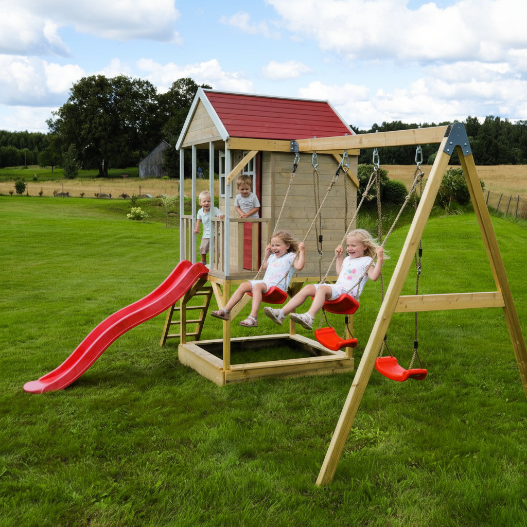 Bambini sulle altalene della casetta in giardino