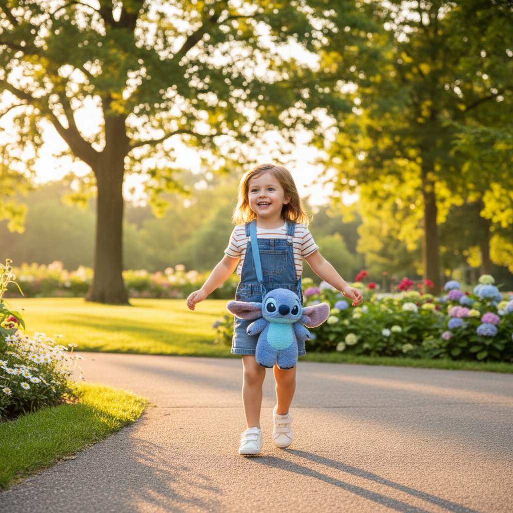 Bambino al parco con borsetta Stitch