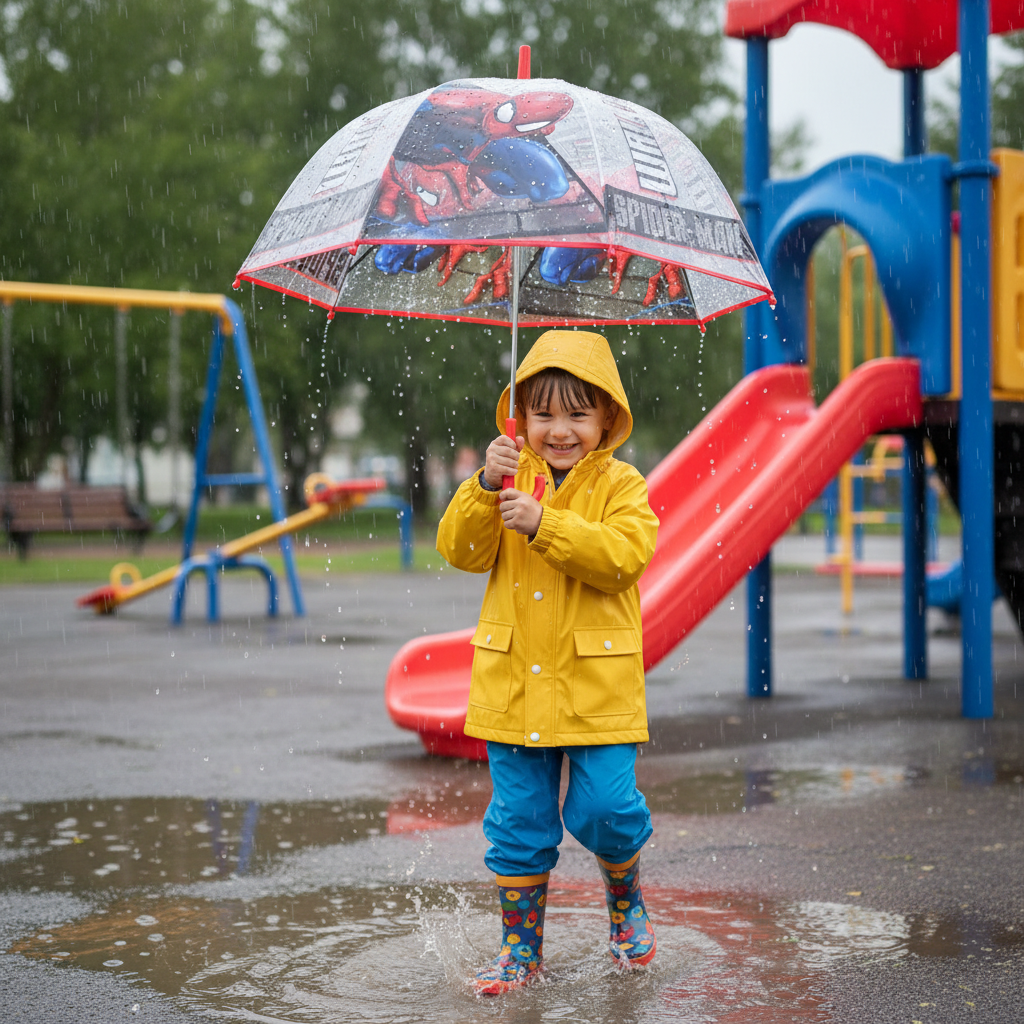 Bambino al parco giochi sotto la pioggia