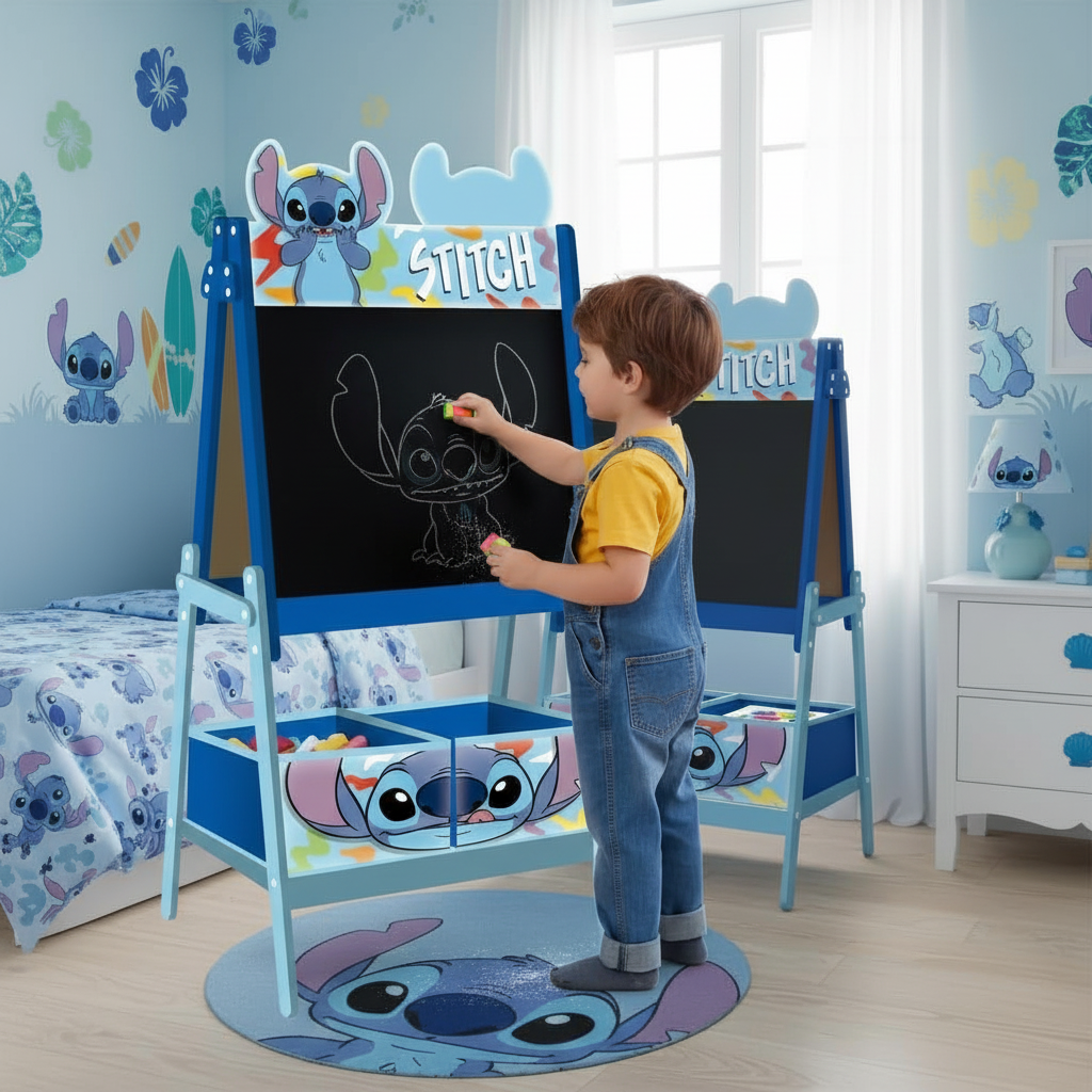 Bambino cancella e ridisegna sulla lavagna Stitch