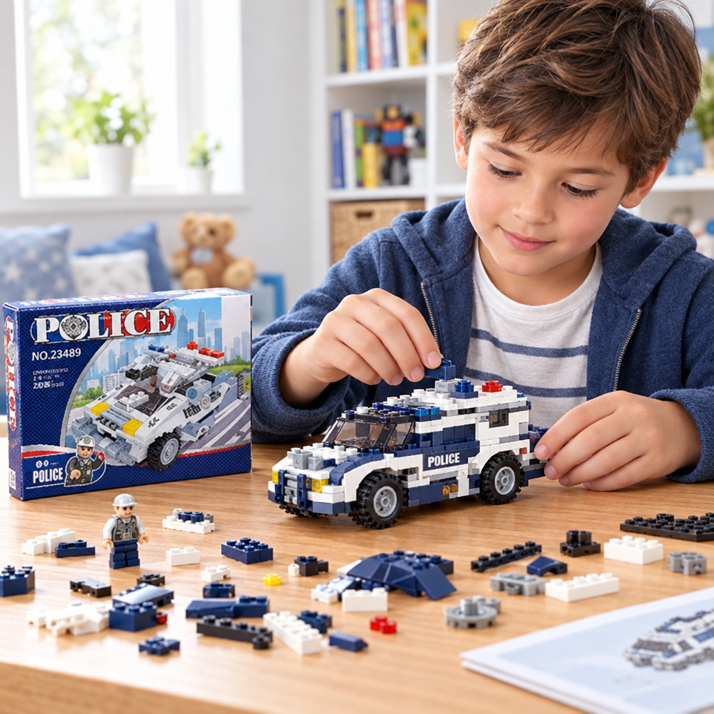 Bambino che assembla le costruzioni alla scrivania