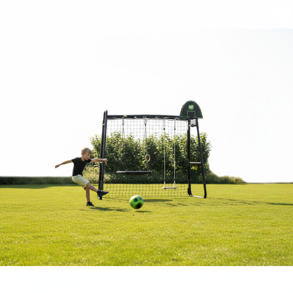 Bambino che calcia il pallone verso la porta