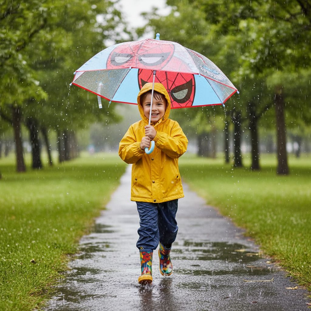 Bambino che corre con ombrello Spiderman