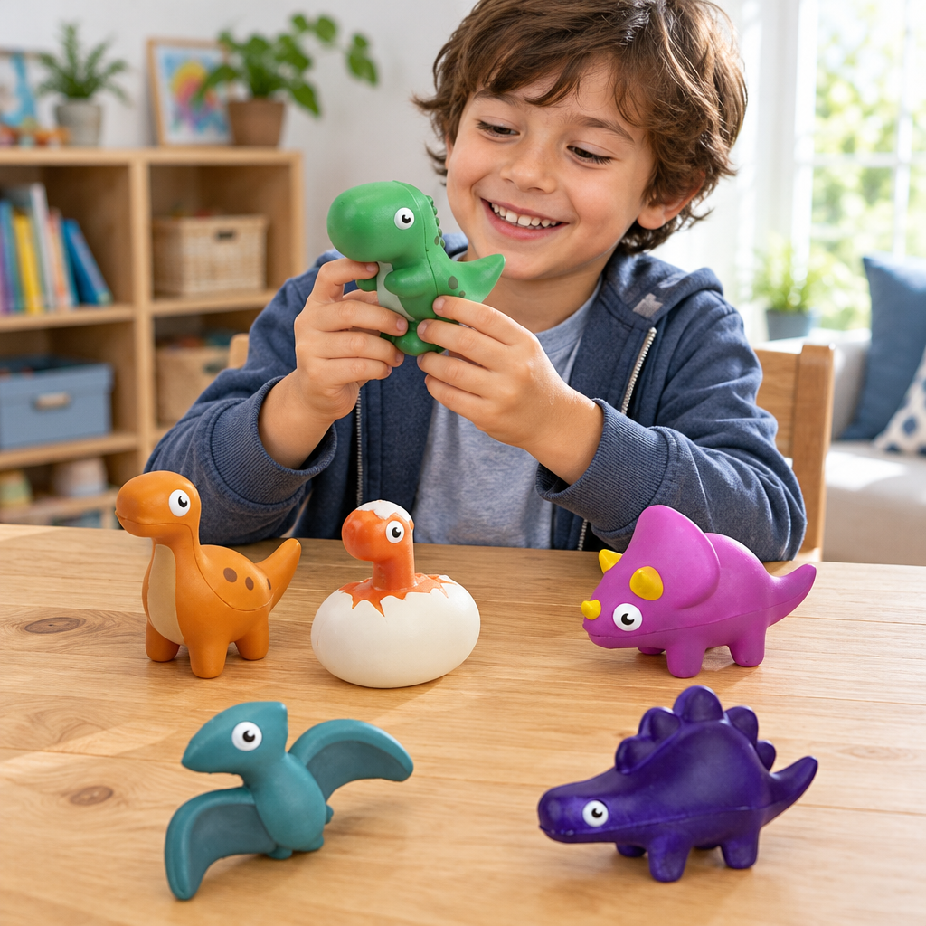 Bambino che gioca con il dinosauro verde
