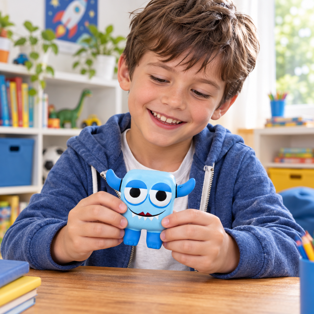 Bambino che gioca con il mostriciattolo azzurro