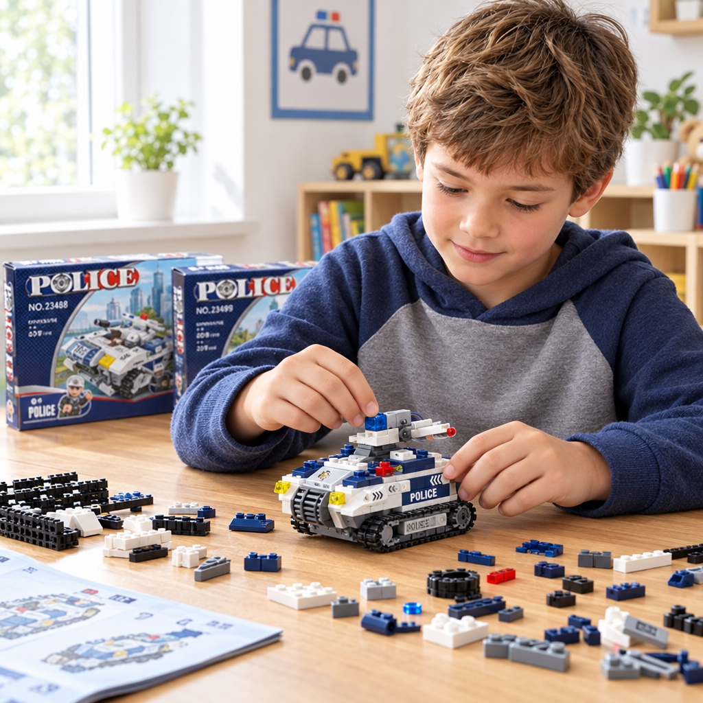Bambino che gioca con le costruzioni polizia