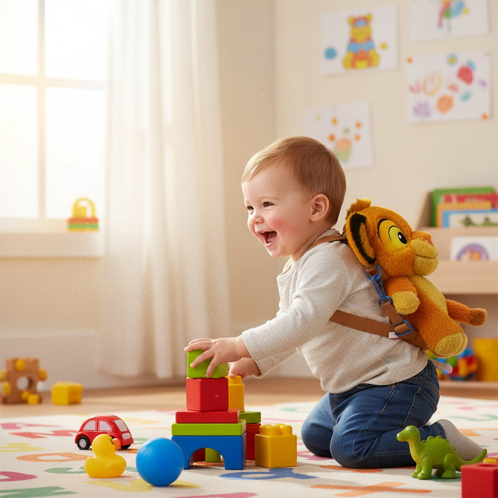 Bambino che gioca con zaino Simba
