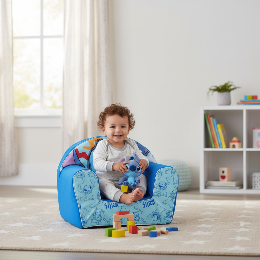 Bambino che gioca su divano Stitch