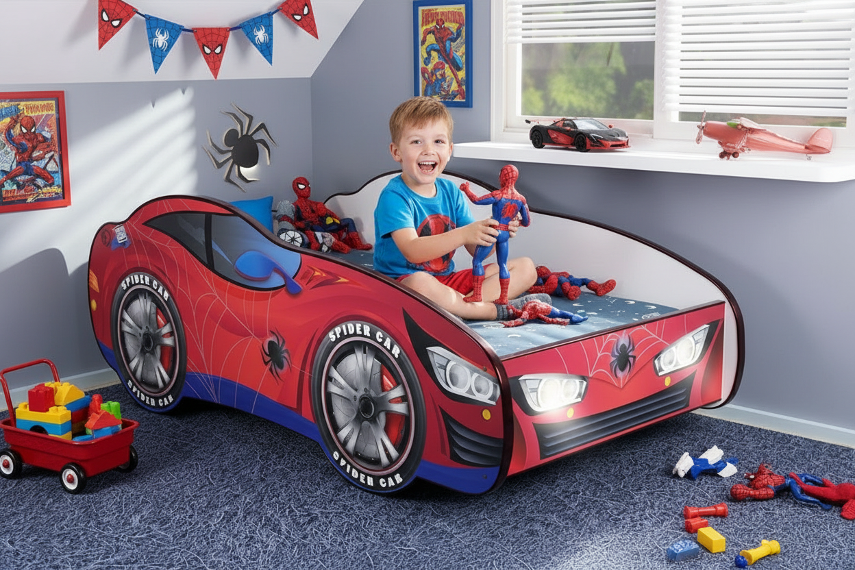 Bambino che gioca sul letto Spiderman