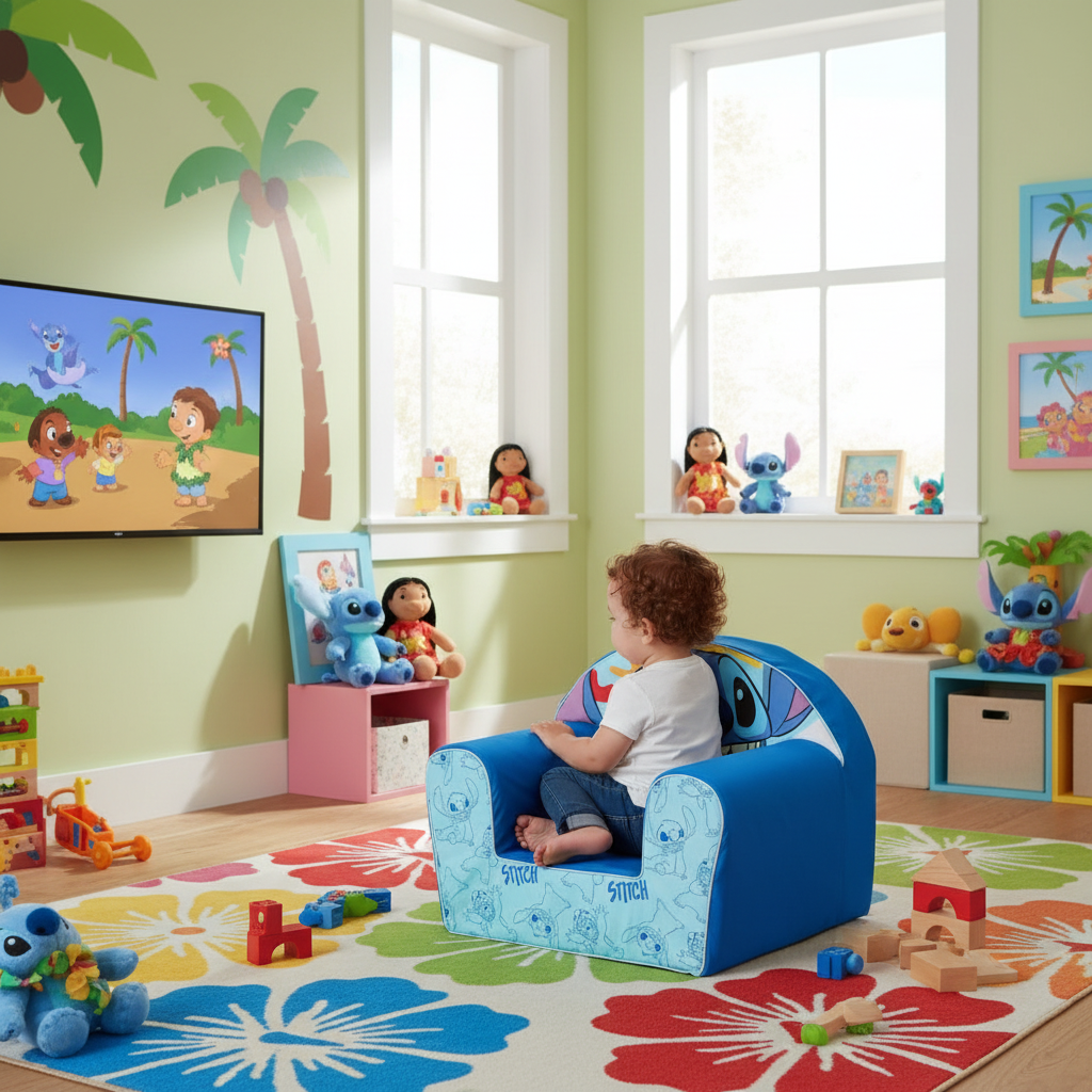 Bambino che guarda cartoni su divano Stitch