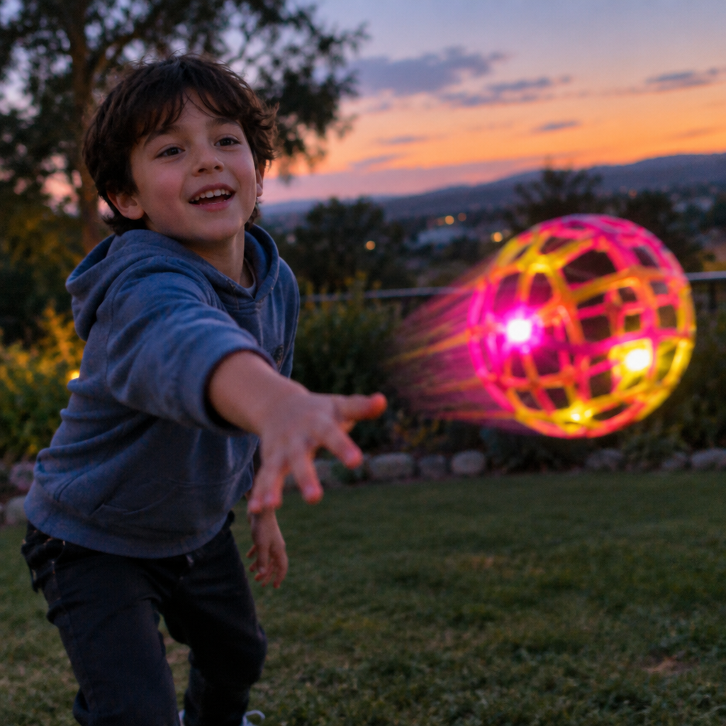 Bambino che lancia palla a dusk – motion blur