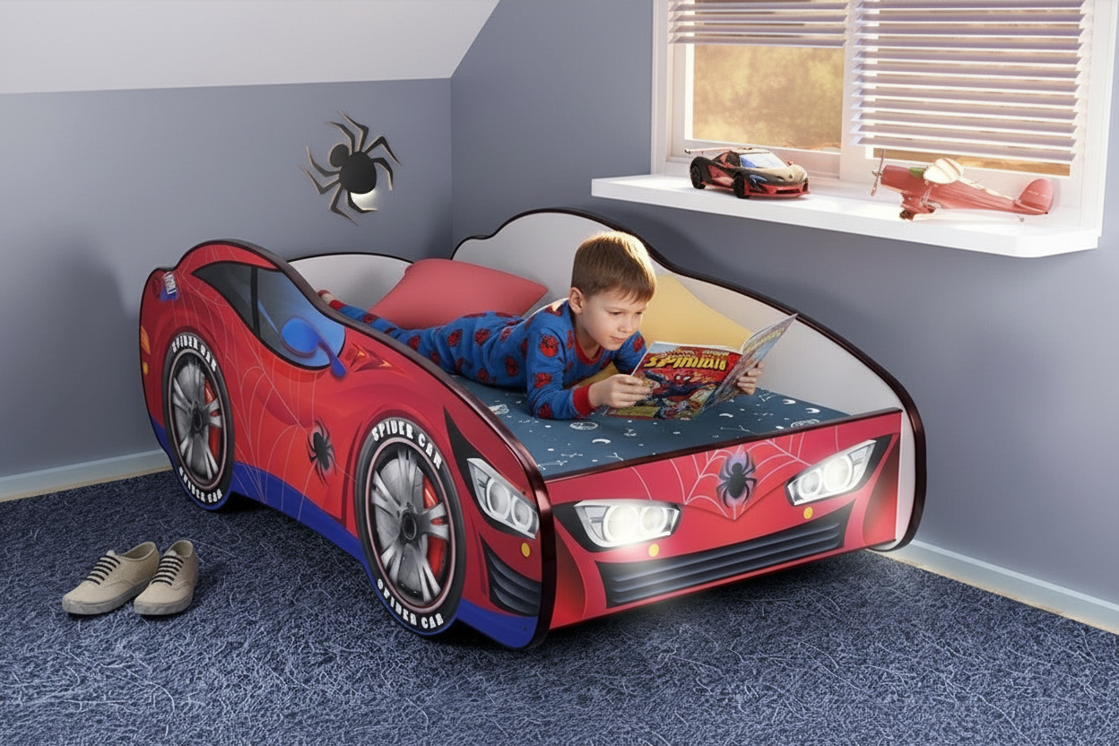 Bambino che legge fumetti sul letto Spiderman