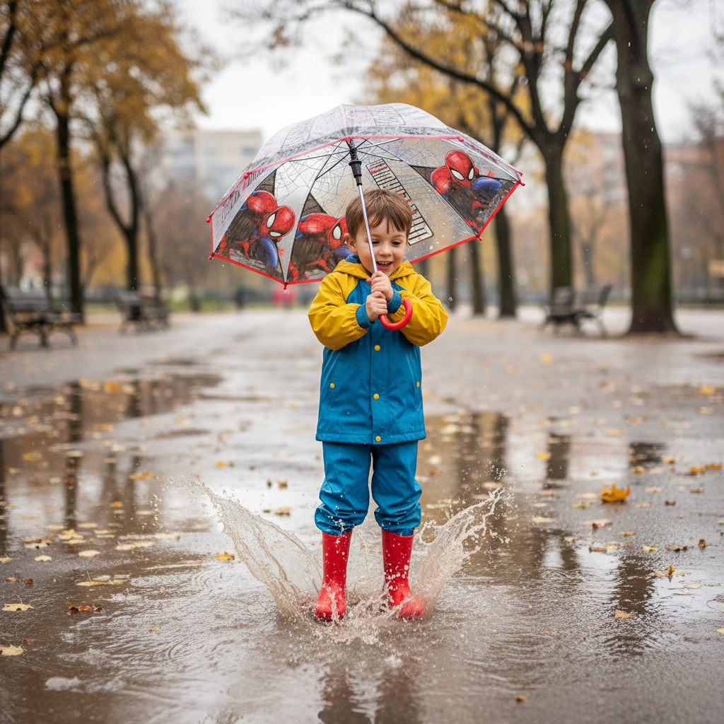 Bambino che salta nelle pozzanghere
