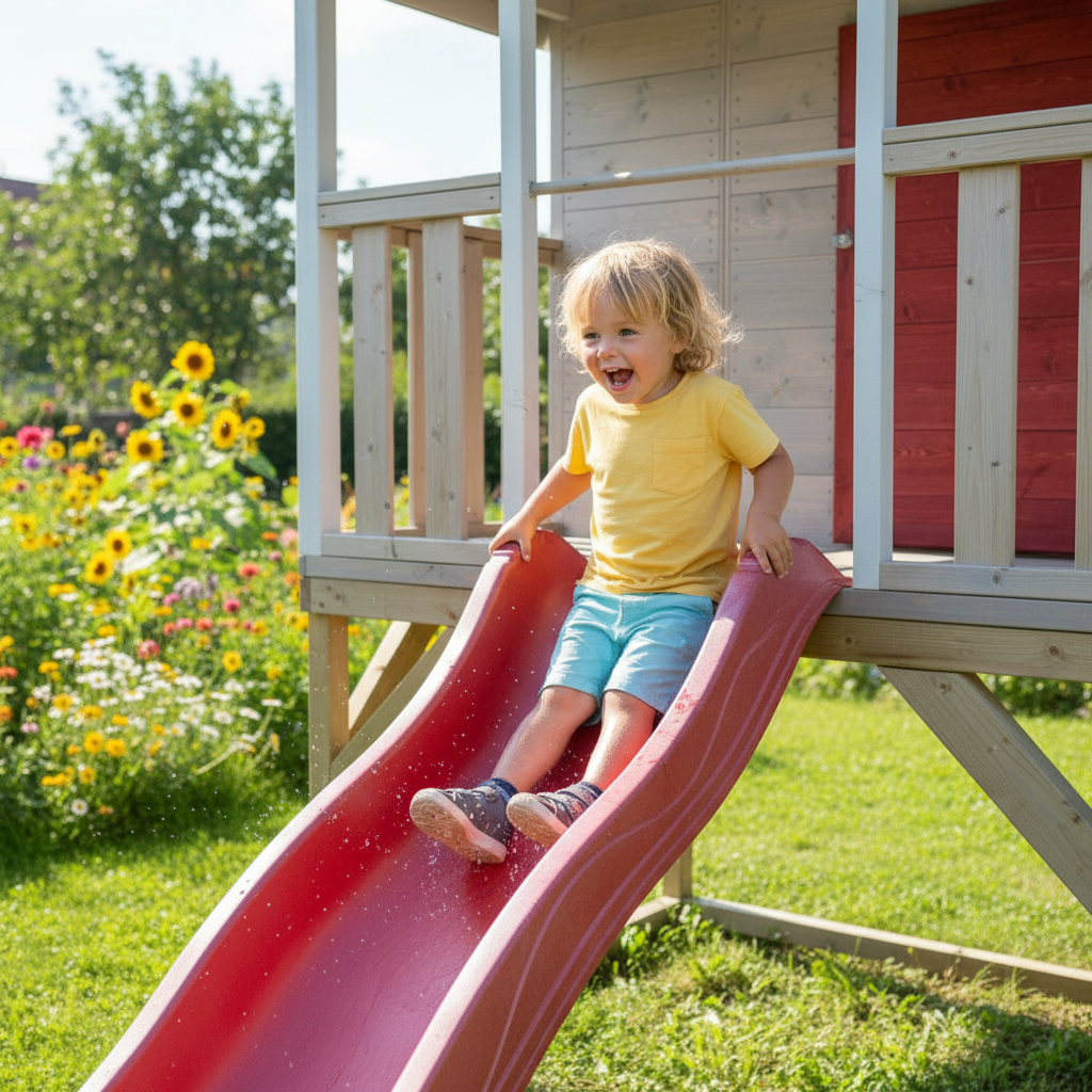 Bambino che scivola sullo scivolo rosso