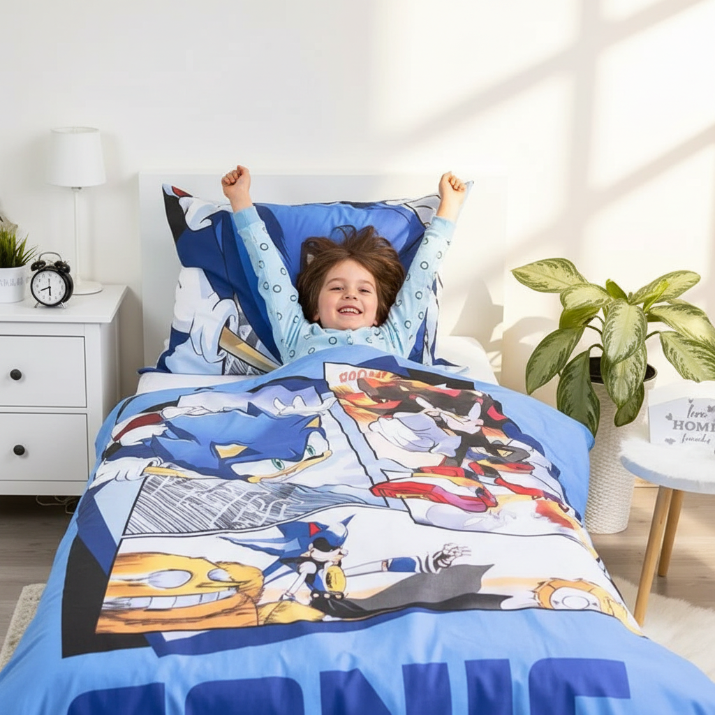 Bambino che si sveglia sul letto Sonic
