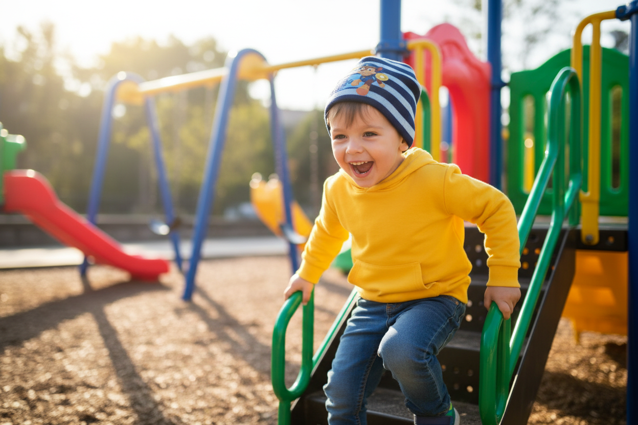Bambino con cappello Paw Patrol al parco giochi