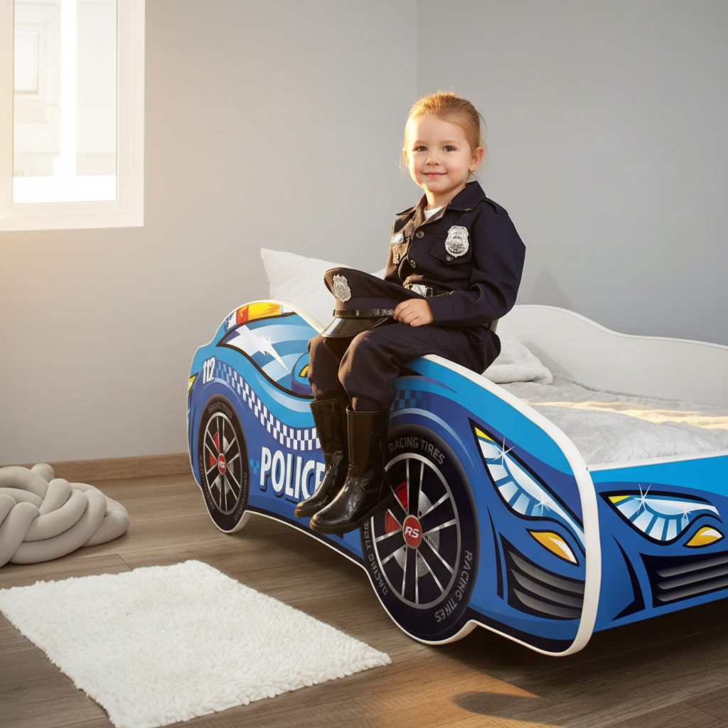 Bambino con divisa poliziotto sul letto