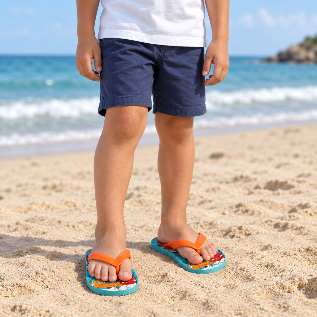 Bambino con infradito Planes sulla spiaggia