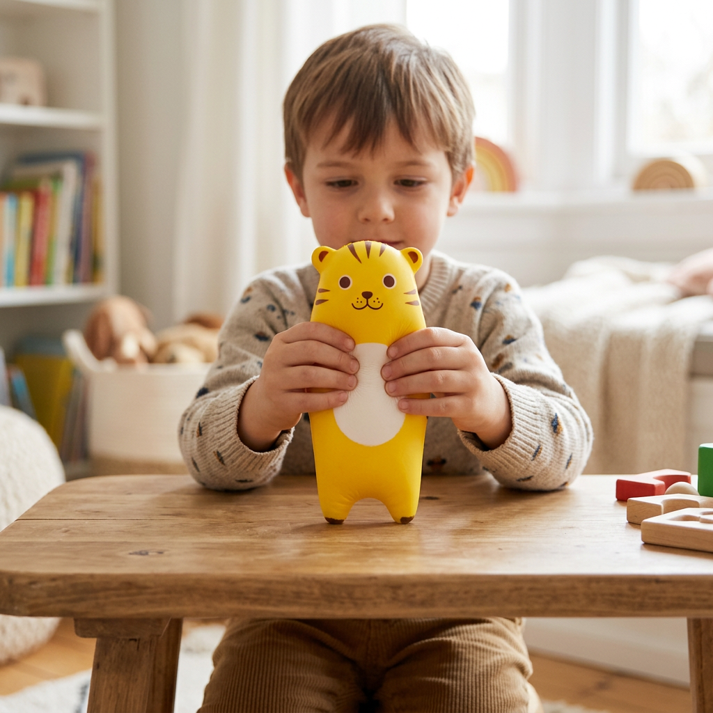 Bambino con lo squishy giallo