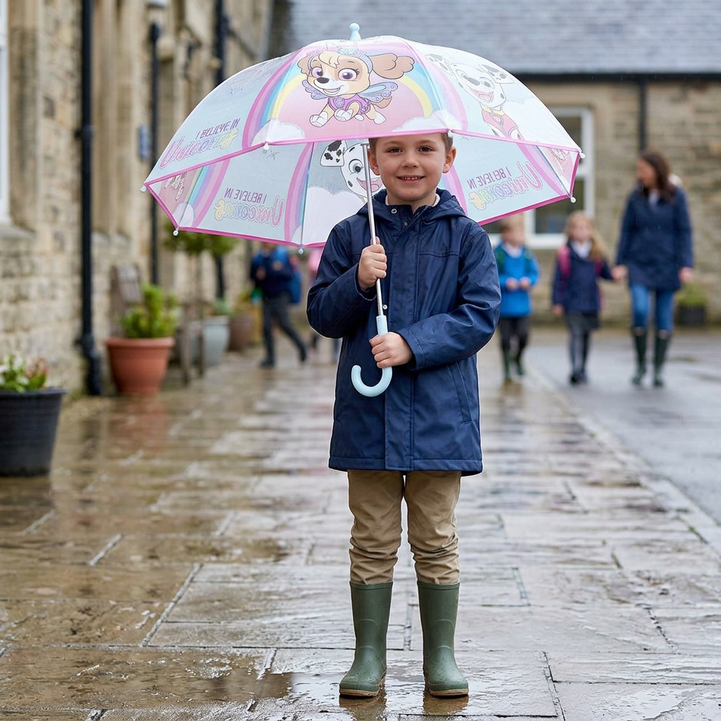 Bambino con ombrello nel cortile