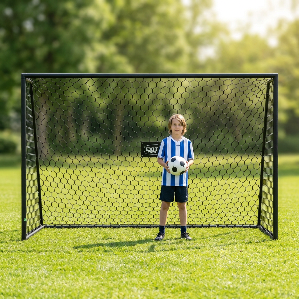 Bambino con pallone davanti alla porta