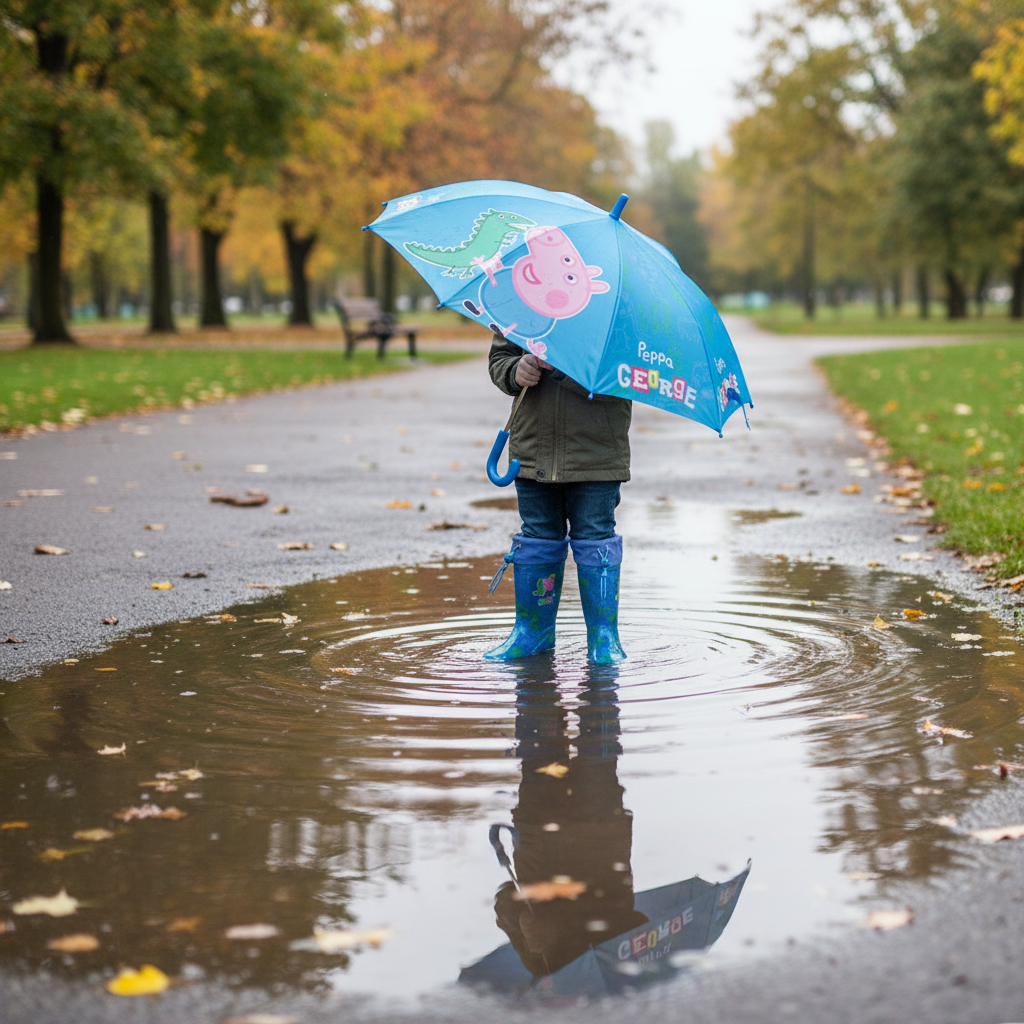 Bambino con stivaletti e ombrello in pozzanghera