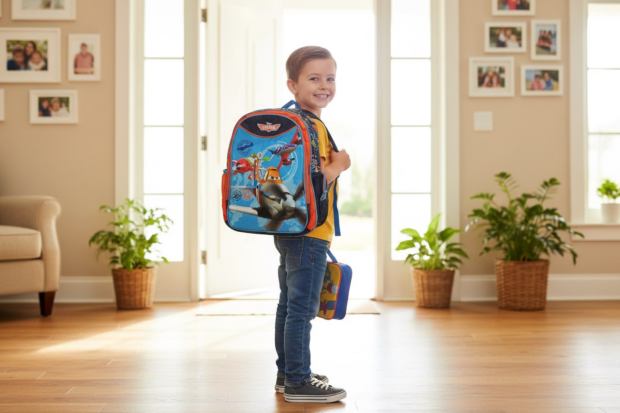 Bambino con zaino pronto per la scuola