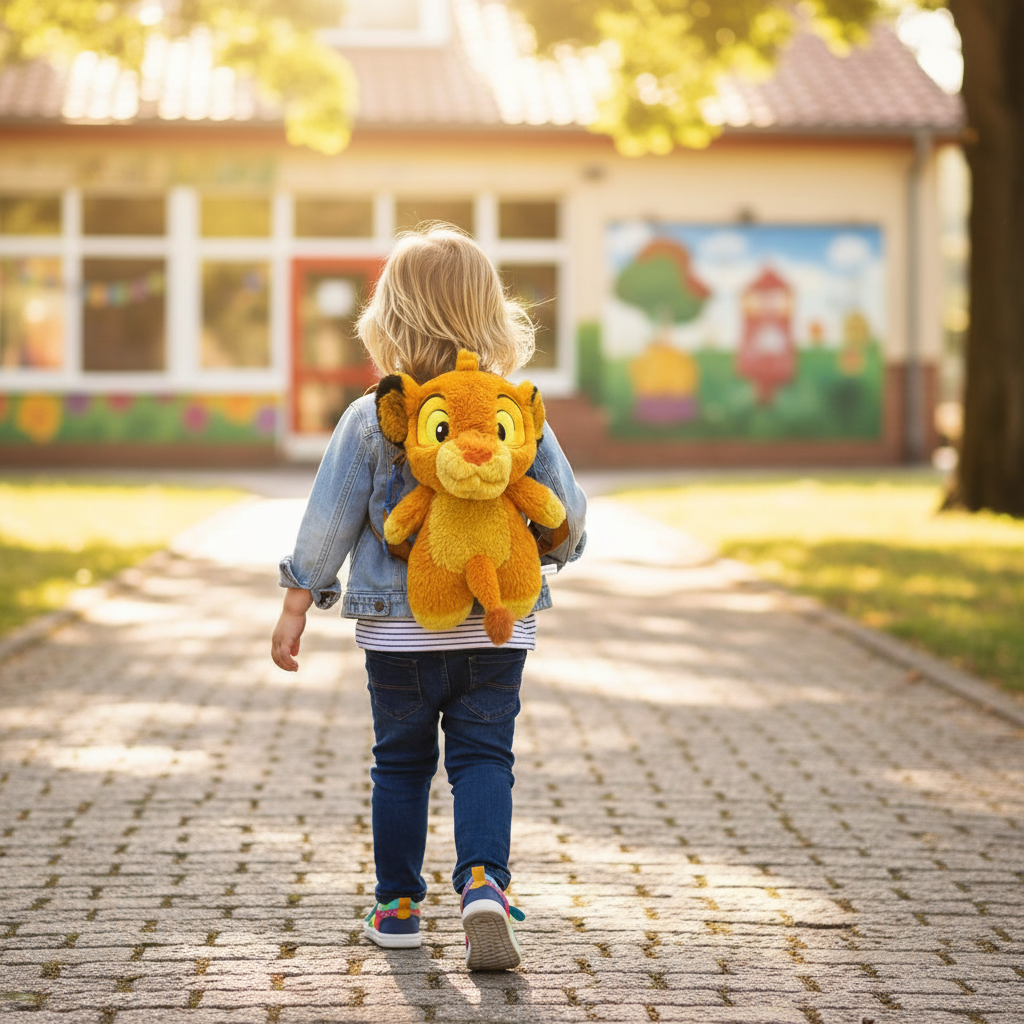Bambino con zaino Simba a scuola