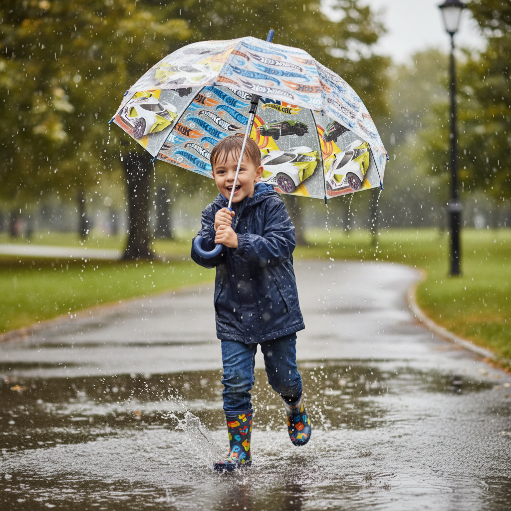 Bambino corre con ombrello Hot Wheels