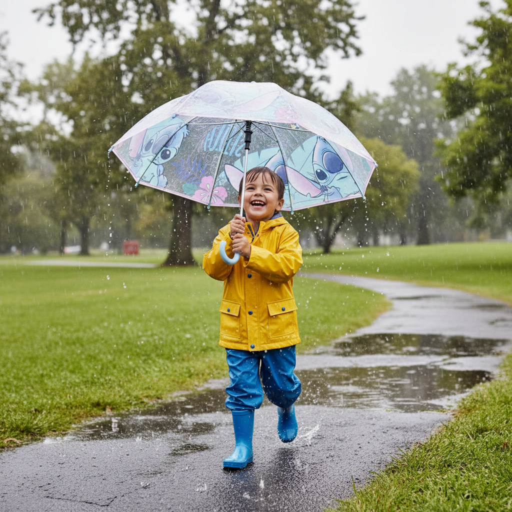 Bambino corre con ombrello Stitch