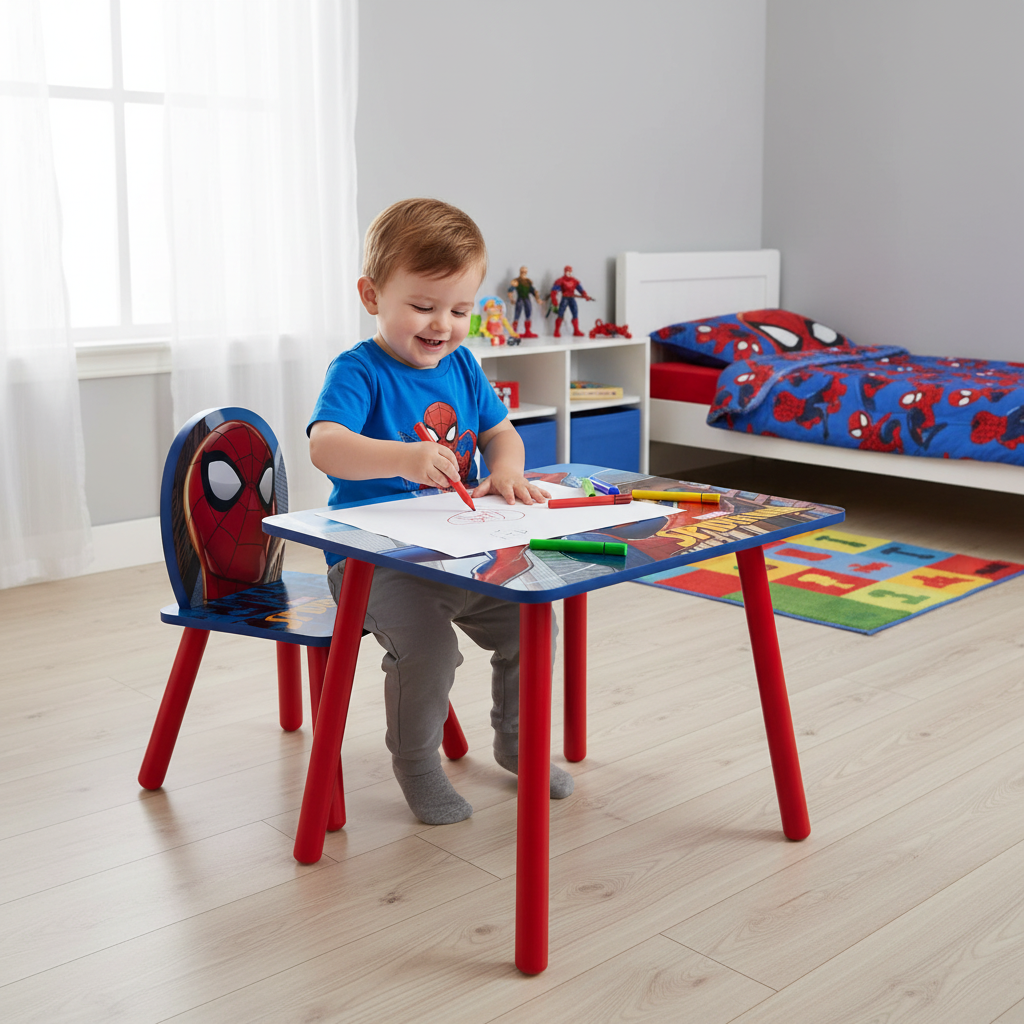 Bambino disegna al tavolo Spiderman