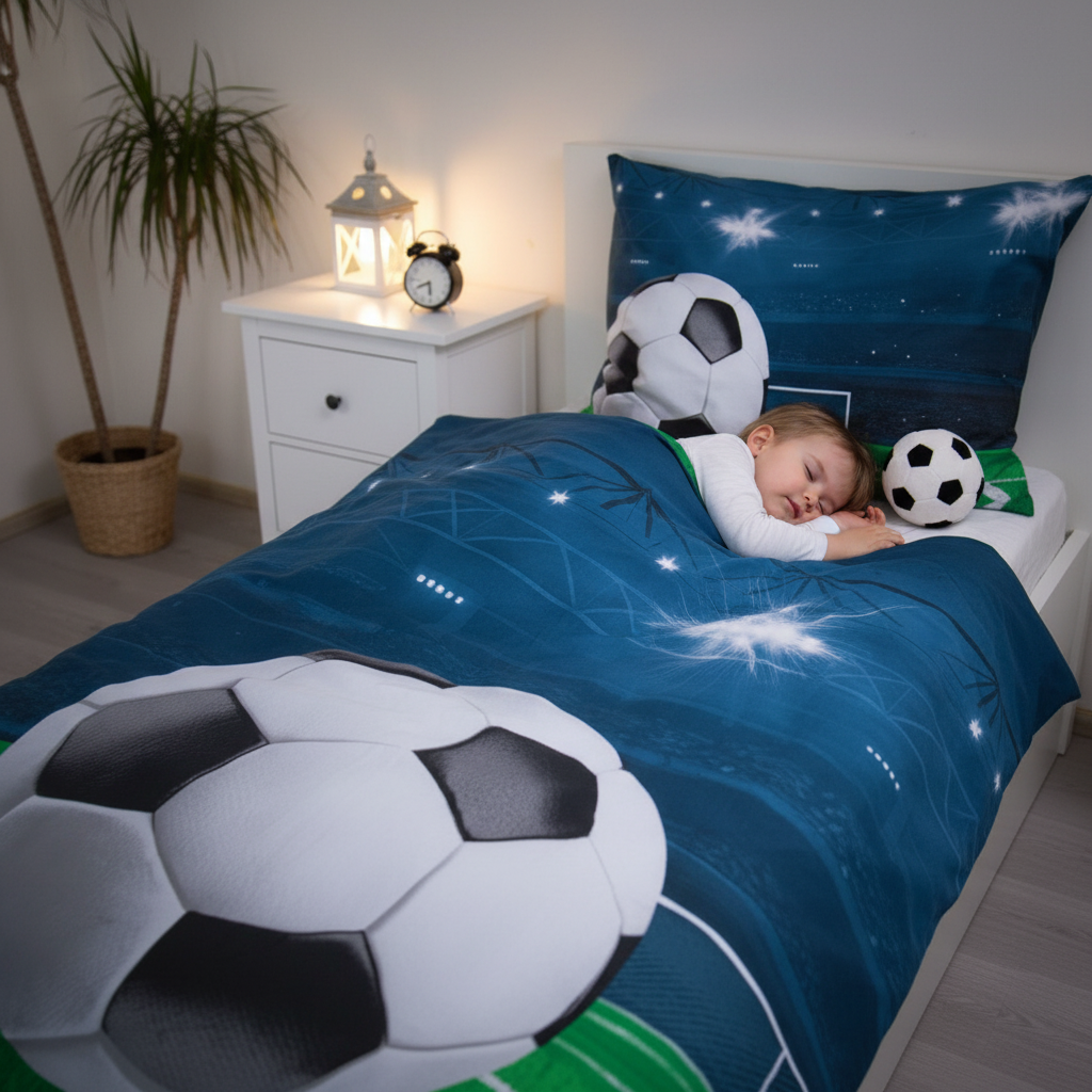 Bambino dorme con set calcio