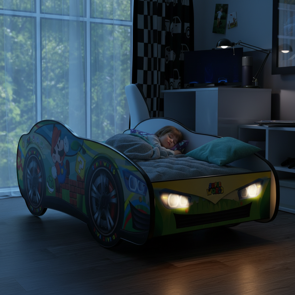 Bambino dorme serenamente letto Super Mario LED