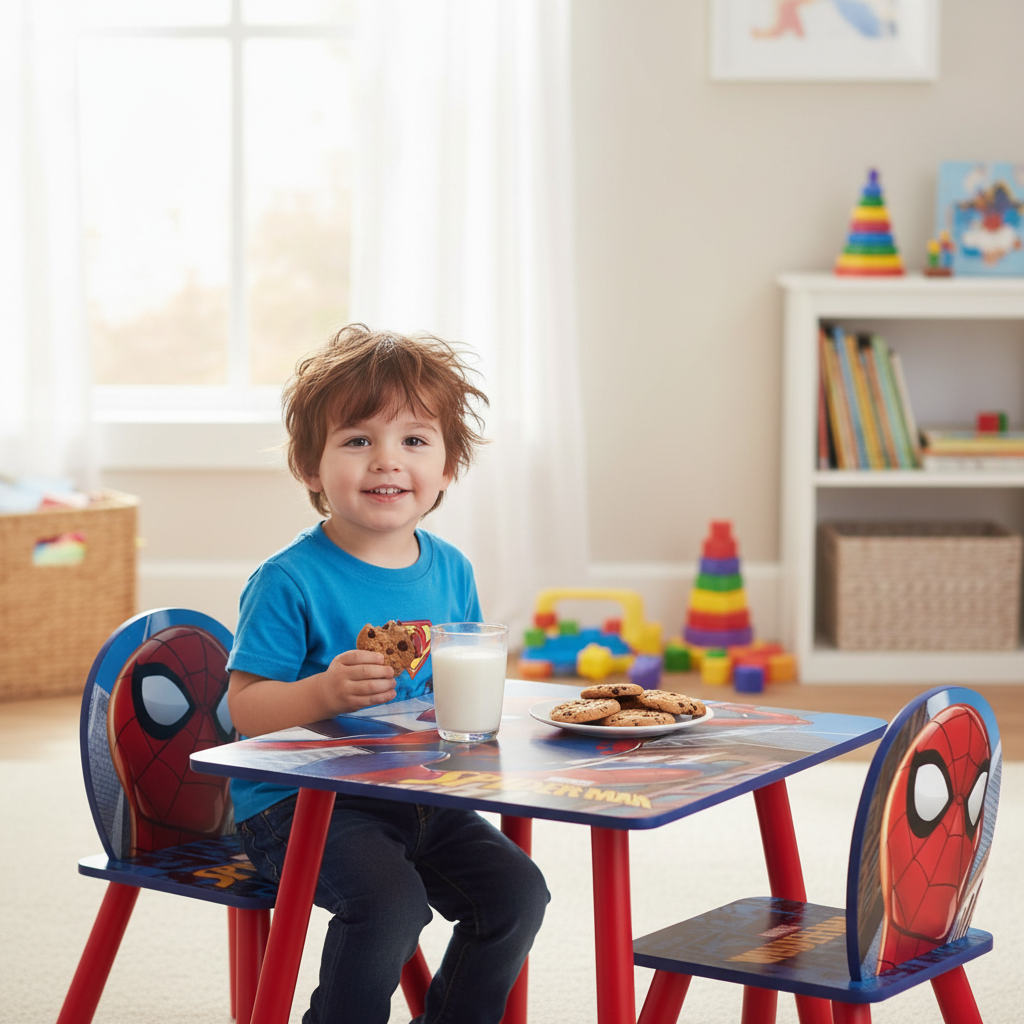 Bambino fa merenda al tavolo Spiderman