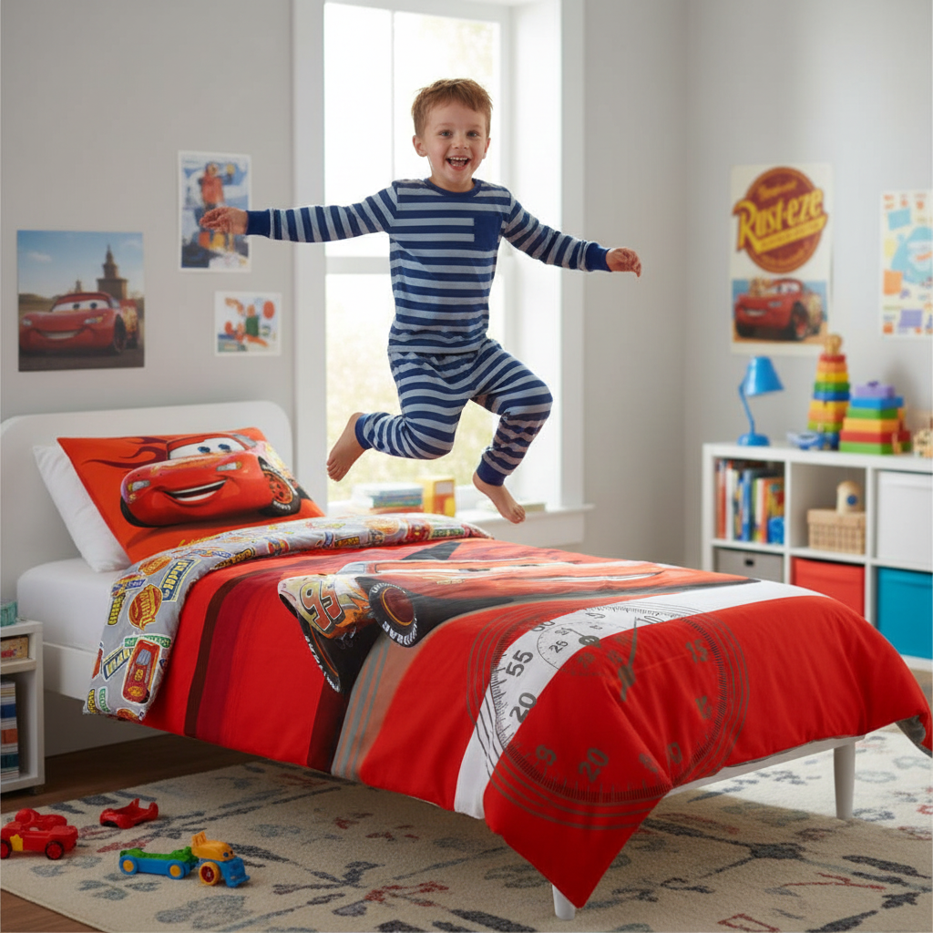 Bambino felice salta sul letto Cars