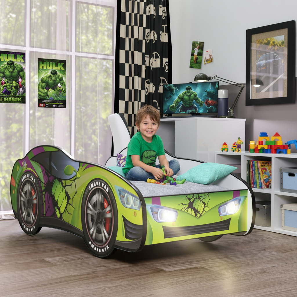 Bambino gioca con action figures Hulk