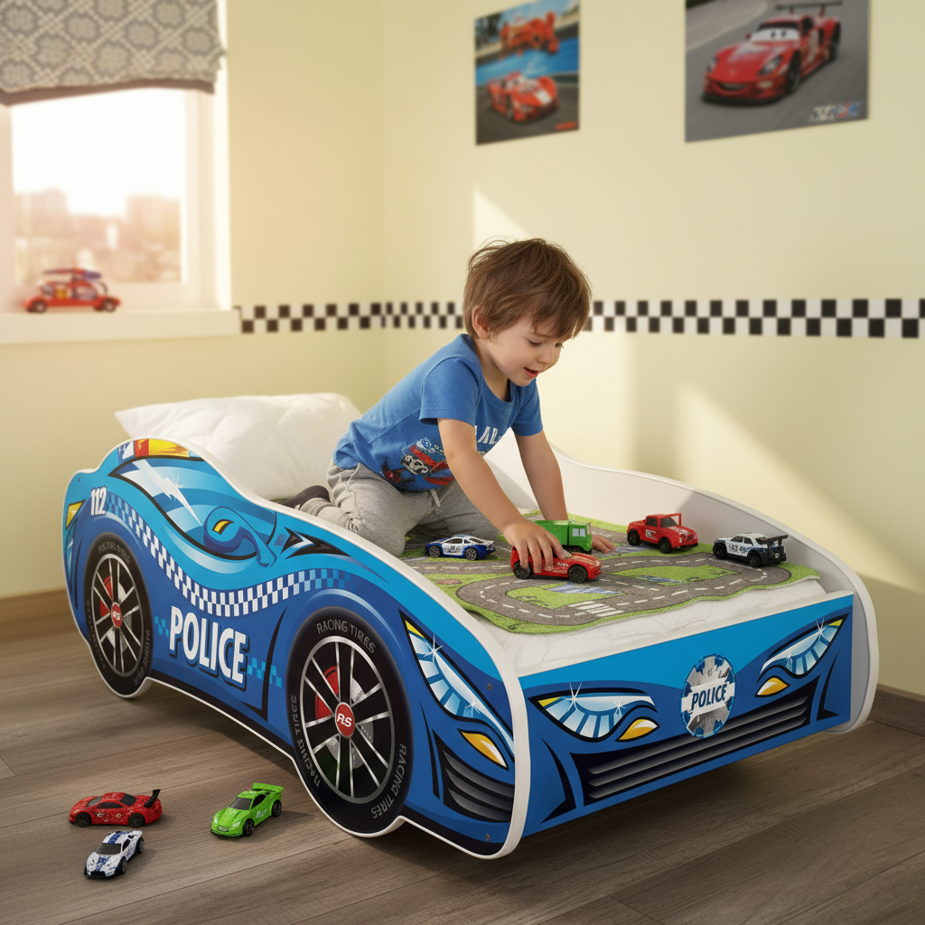 Bambino gioca con macchinine sul letto polizia