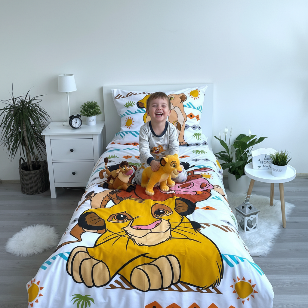 Bambino gioca sul letto Il Re Leone