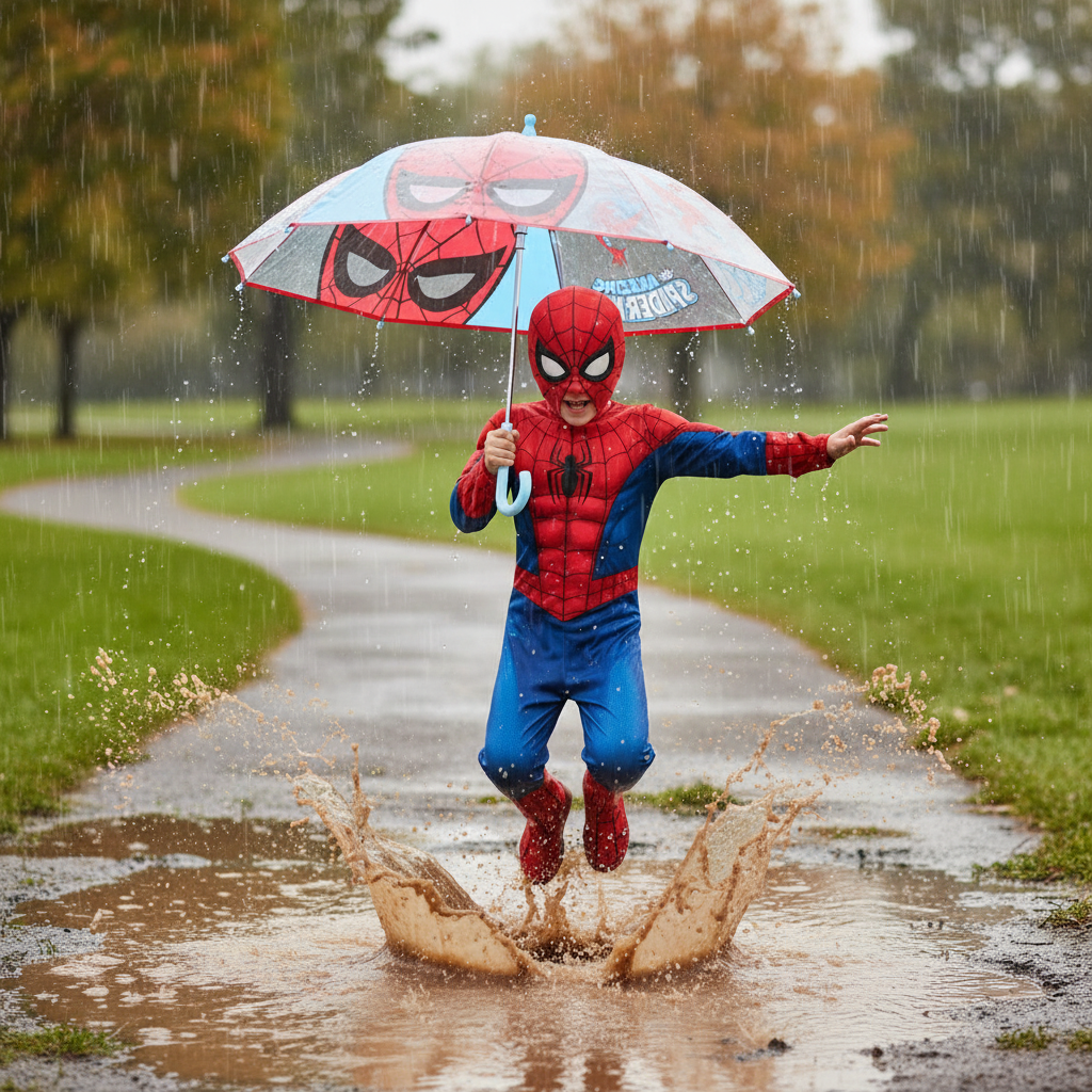 Bambino in costume Spiderman con ombrello